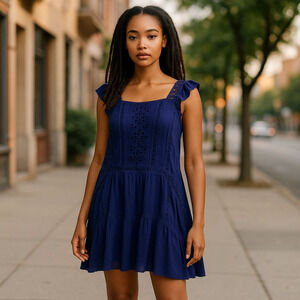 Free People Blue Eyelet Front w/Crochet Flutter Sleeves Flapper Dress M NWT